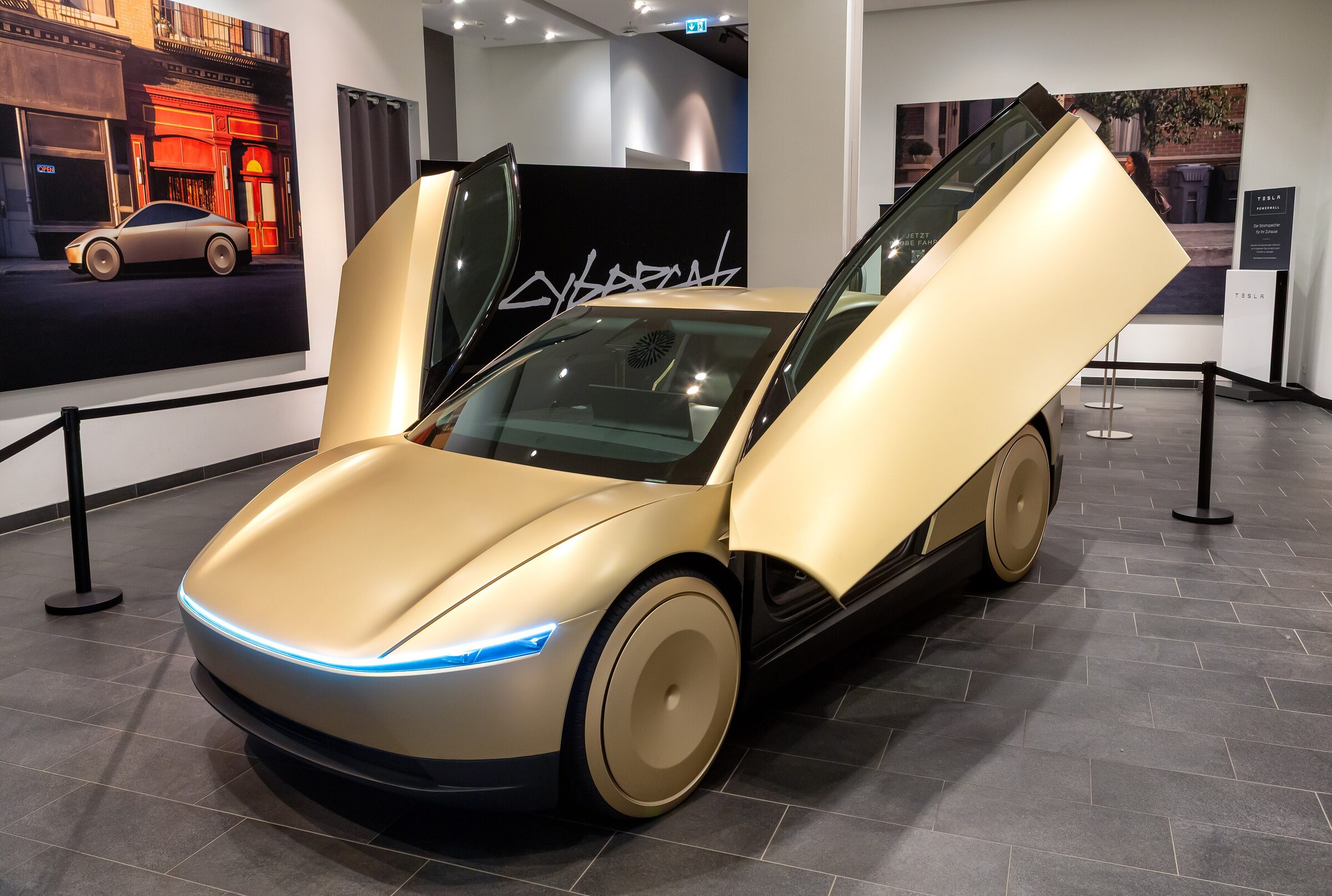 Tesla Cybercab on exhibition in Berlin, butterfly doors open.